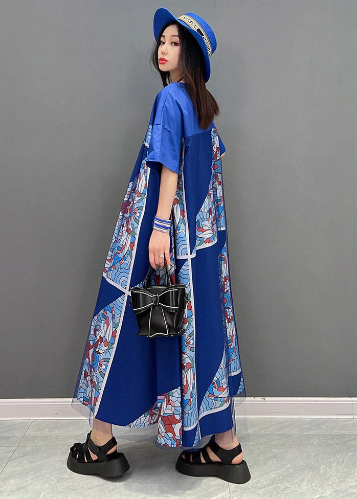 Plus Size Blue O-Neck Print Tulle Patchwork Dresses Short Sleeve - Image 4