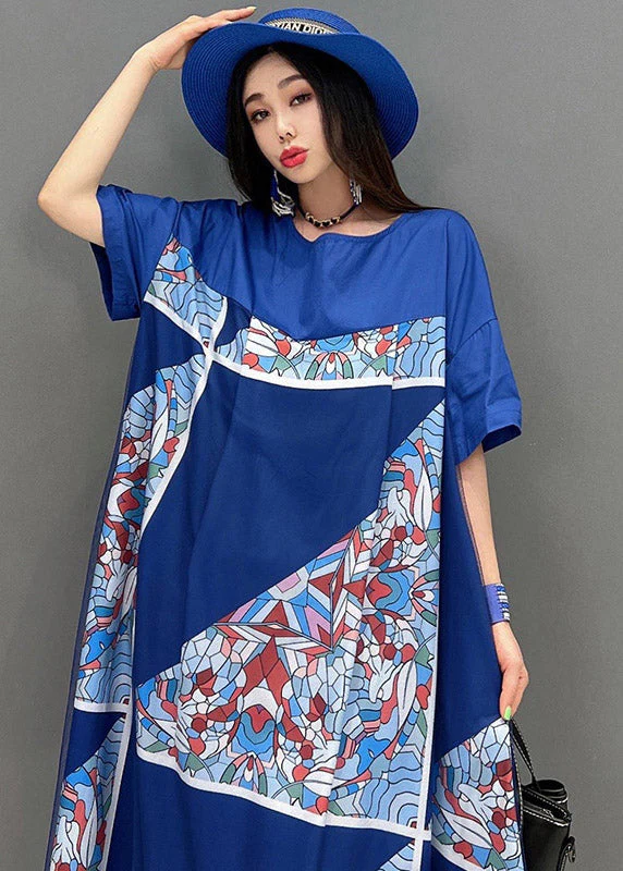 Plus Size Blue O-Neck Print Tulle Patchwork Dresses Short Sleeve - Image 5