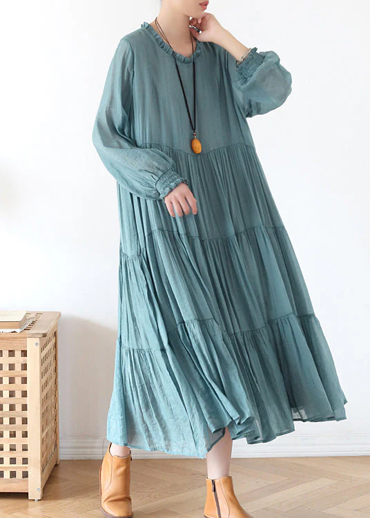 Plus Size Blue O-Neck Ruffled Wrinkled Vacation Dress lantern sleeve - Image 4