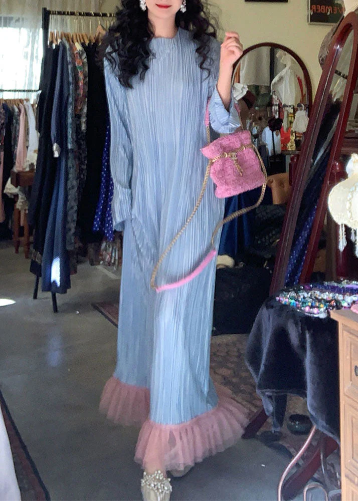 Plus Size Blue O-Neck Tassel Patchwork Cozy Long Dress Long Sleeve - Image 2