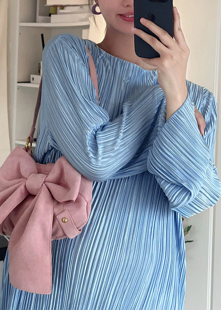 Plus Size Blue O-Neck Tassel Patchwork Cozy Long Dress Long Sleeve - Image 5