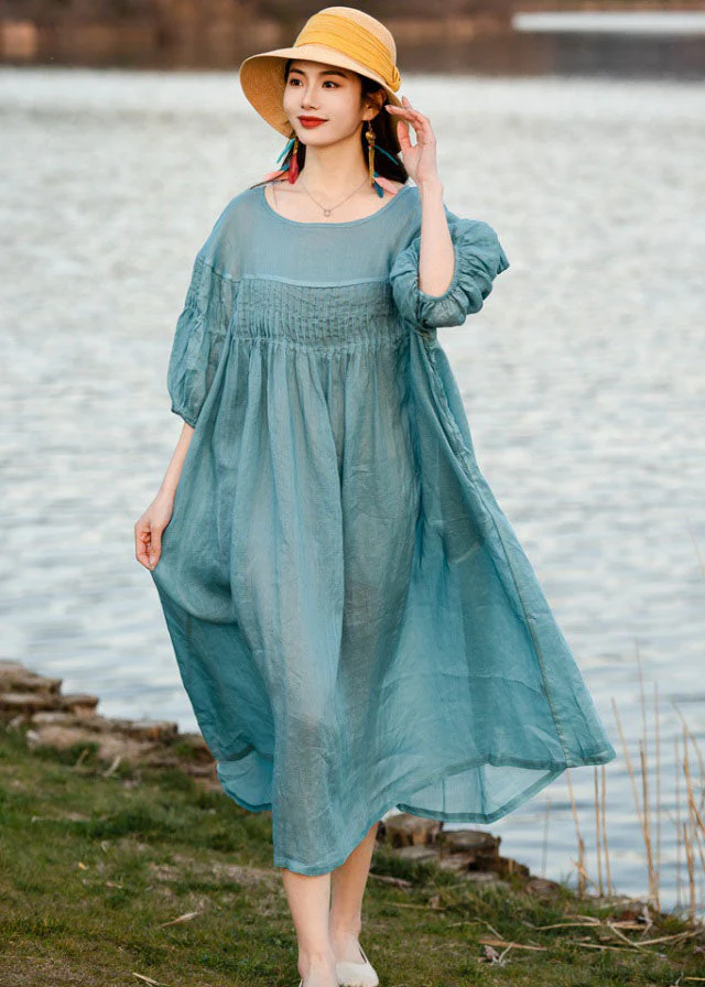 Plus Size Blue O Neck Wrinkled Patchwork Linen Dresses Summer - Image 2