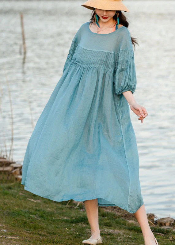 Plus Size Blue O Neck Wrinkled Patchwork Linen Dresses Summer - Image 3
