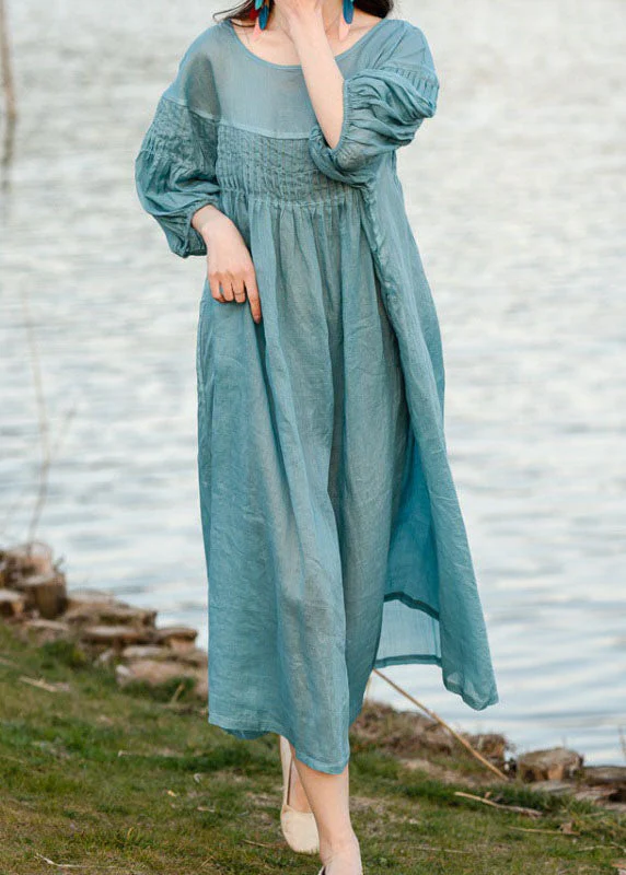 Plus Size Blue O Neck Wrinkled Patchwork Linen Dresses Summer - Image 4