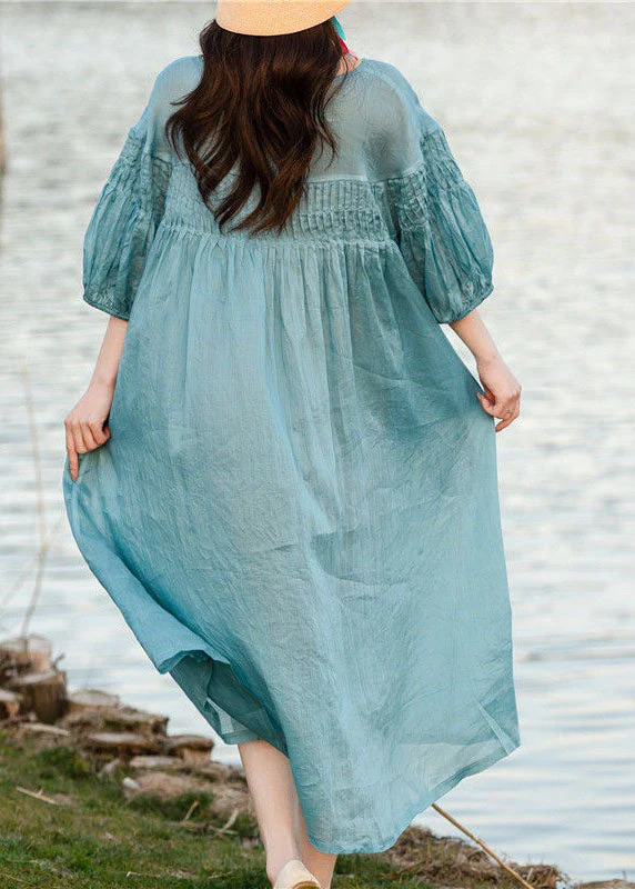 Plus Size Blue O Neck Wrinkled Patchwork Linen Dresses Summer - Image 5