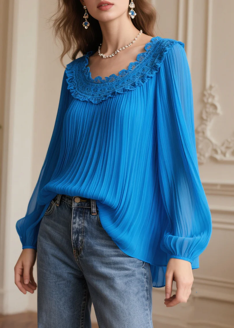 Plus Size Blue Oversized Patchwork Wrinkled Chiffon Blouses Spring - Image 5