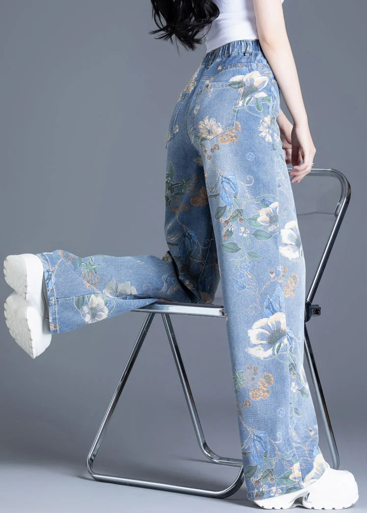 Plus Size Blue Oversized Print Denim Straight Pants Spring - Image 2