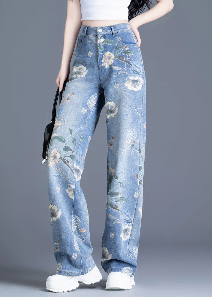 Plus Size Blue Oversized Print Denim Straight Pants Spring - Image 3