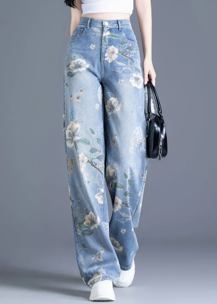 Plus Size Blue Oversized Print Denim Straight Pants Spring - Image 4