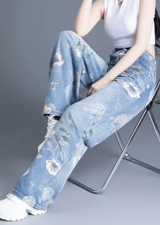 Plus Size Blue Oversized Print Denim Straight Pants Spring - Image 5