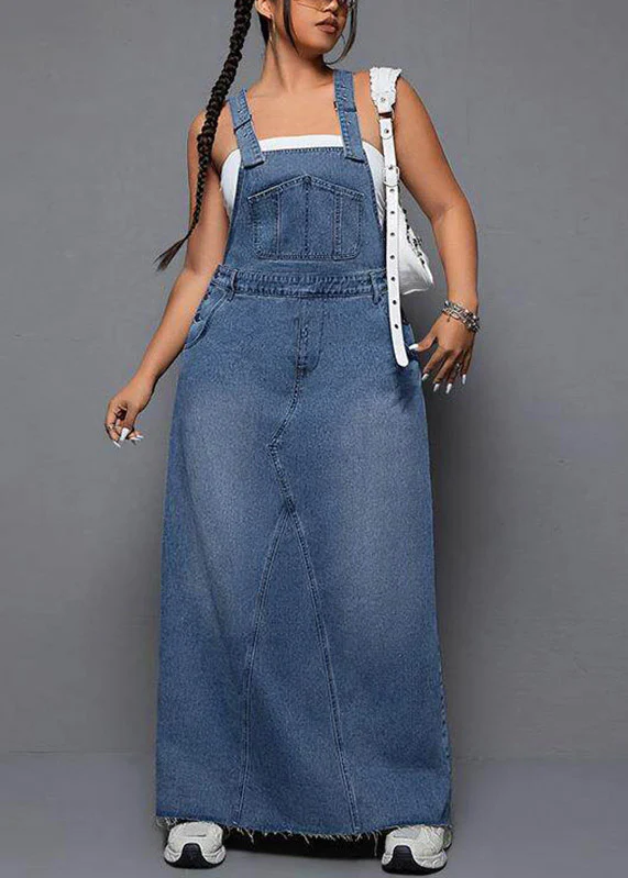 Plus Size Blue Patchwork Pockets Denim Long Spaghetti Strap Dress Summer - Image 3