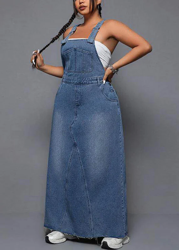 Plus Size Blue Patchwork Pockets Denim Long Spaghetti Strap Dress Summer - Image 4