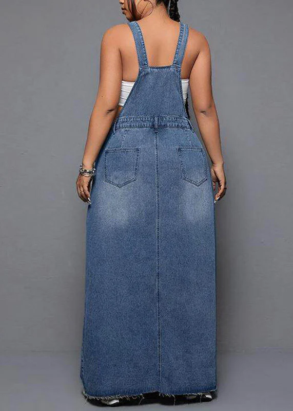 Plus Size Blue Patchwork Pockets Denim Long Spaghetti Strap Dress Summer - Image 5
