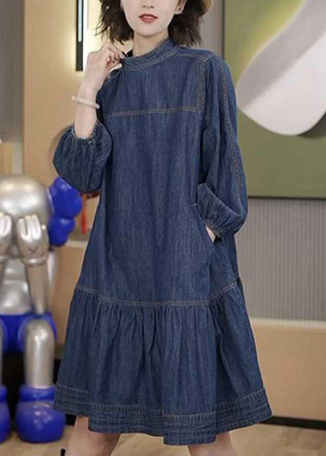 Plus Size Blue Patchwork Wrinkled Denim Mid Dresses Long Sleeve - Image 2