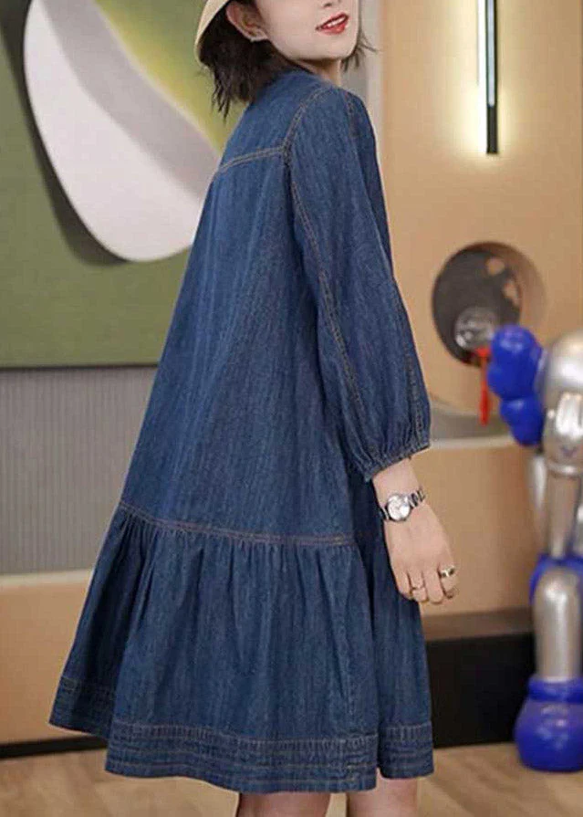 Plus Size Blue Patchwork Wrinkled Denim Mid Dresses Long Sleeve - Image 3