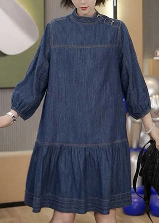 Plus Size Blue Patchwork Wrinkled Denim Mid Dresses Long Sleeve - Image 4