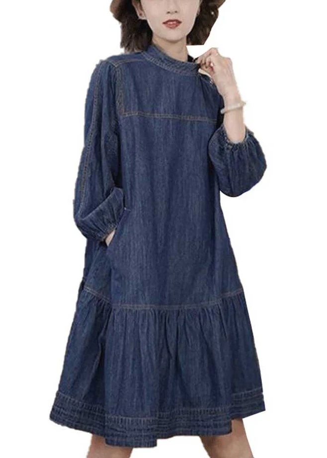Plus Size Blue Patchwork Wrinkled Denim Mid Dresses Long Sleeve - Image 5