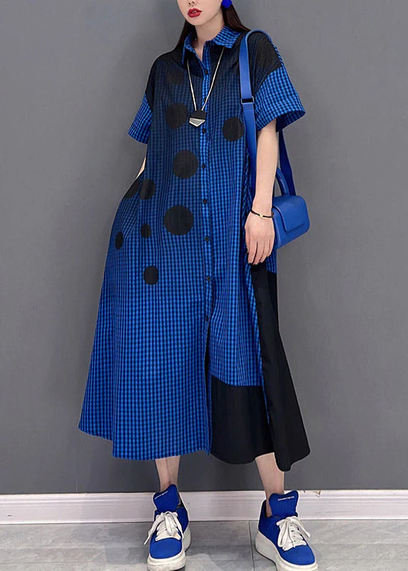 Plus Size Blue Peter Pan Collar Button Plaid Shirt Dress Short Sleeve - Image 2