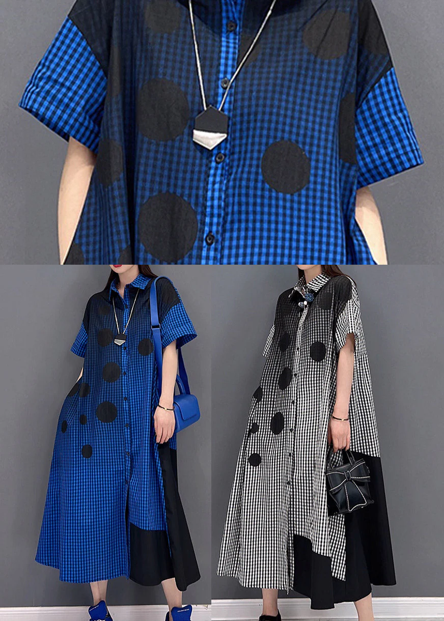 Plus Size Blue Peter Pan Collar Button Plaid Shirt Dress Short Sleeve - Image 5