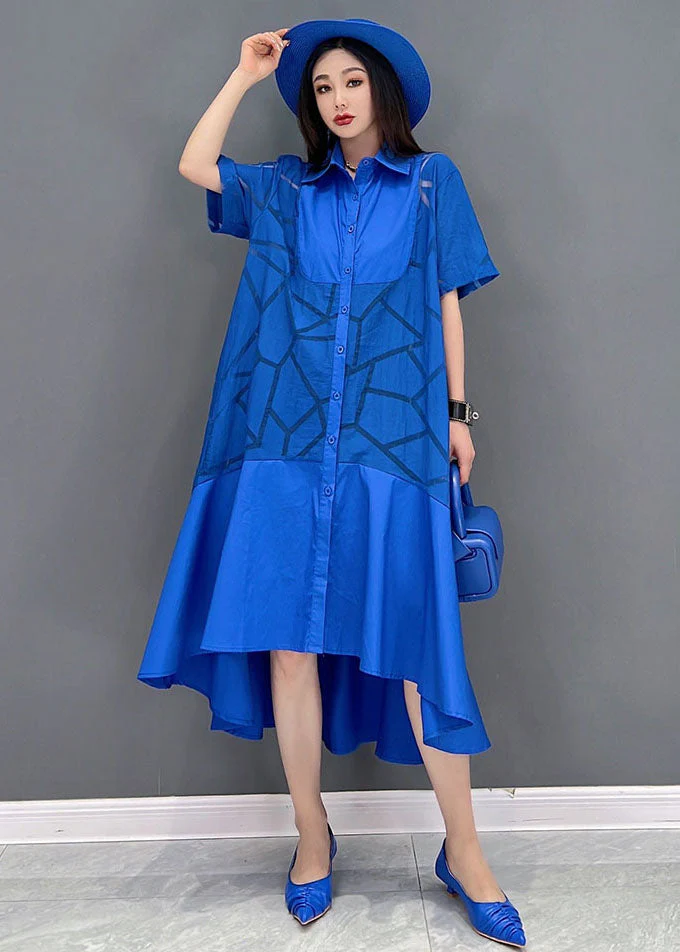 Plus Size Blue Peter Pan Collar Patchwork Ruffles Low High Design Cotton Dress Short Sleeve - Image 2