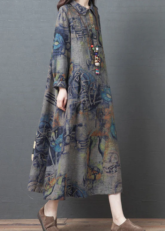 Plus Size Blue Peter Pan Collar pockets Print Cotton Party Dress Long Sleeve - Image 2