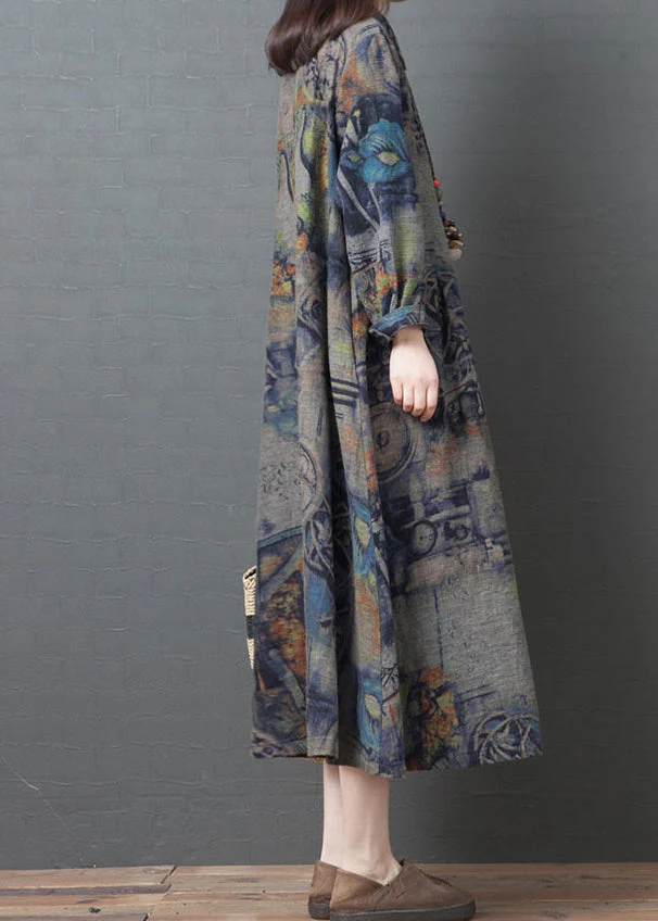 Plus Size Blue Peter Pan Collar pockets Print Cotton Party Dress Long Sleeve - Image 3