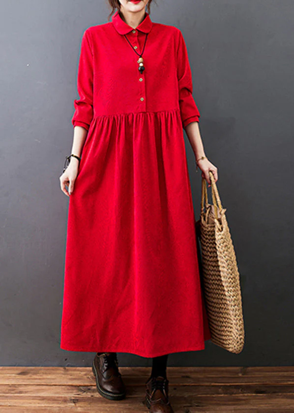 Plus Size Blue Peter Pan Collar wrinkled Corduroy Vacation Dresses Long Sleeve - Image 2