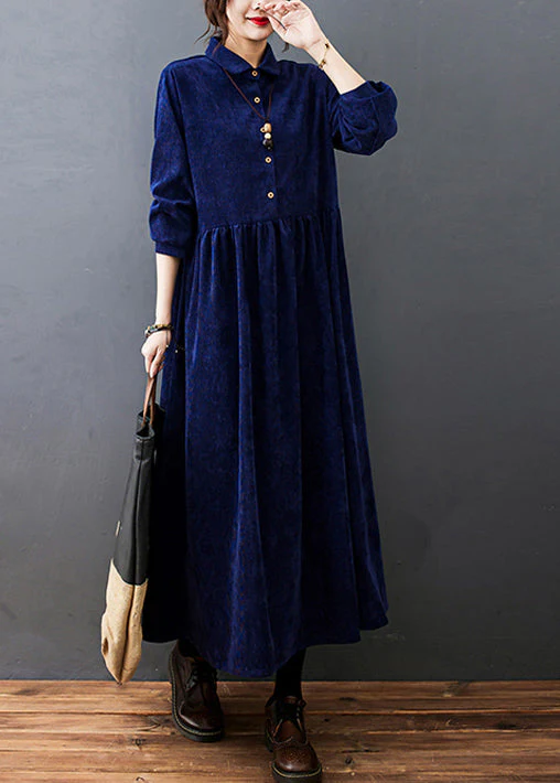 Plus Size Blue Peter Pan Collar wrinkled Corduroy Vacation Dresses Long Sleeve - Image 3