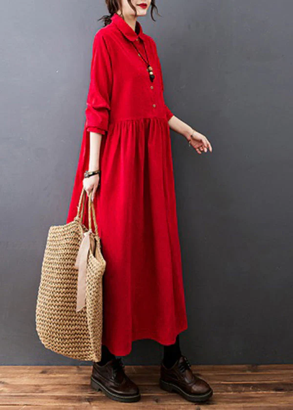 Plus Size Blue Peter Pan Collar wrinkled Corduroy Vacation Dresses Long Sleeve - Image 4