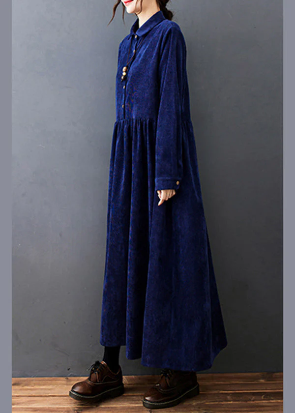 Plus Size Blue Peter Pan Collar wrinkled Corduroy Vacation Dresses Long Sleeve - Image 5