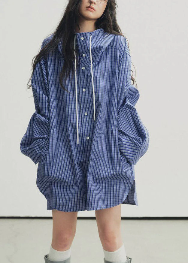 Plus Size Blue Plaid Drawstring Button Hooded Shirt Lantern Sleeve - Image 2