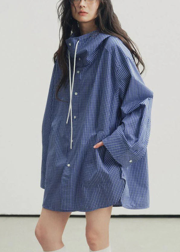 Plus Size Blue Plaid Drawstring Button Hooded Shirt Lantern Sleeve - Image 3