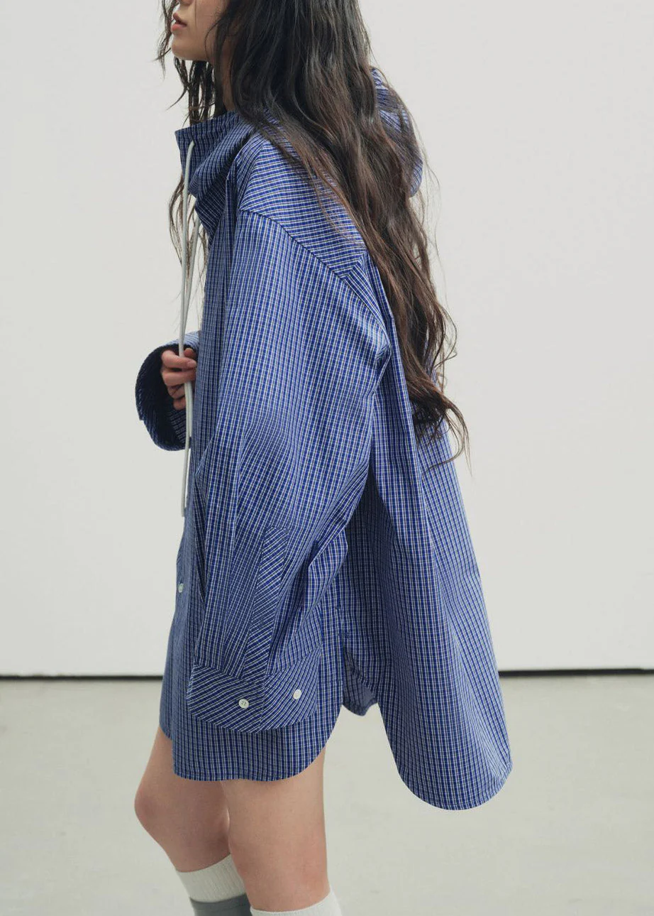 Plus Size Blue Plaid Drawstring Button Hooded Shirt Lantern Sleeve - Image 4