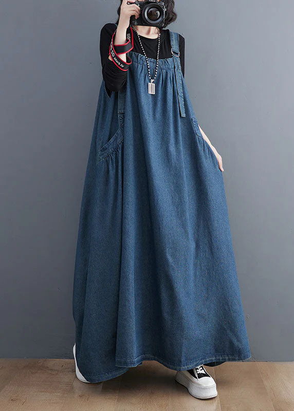 Plus Size Blue Pockets Patchwork Denim Spaghetti Strap Dress Sleeveless - Image 2