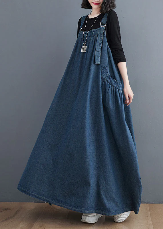 Plus Size Blue Pockets Patchwork Denim Spaghetti Strap Dress Sleeveless - Image 3