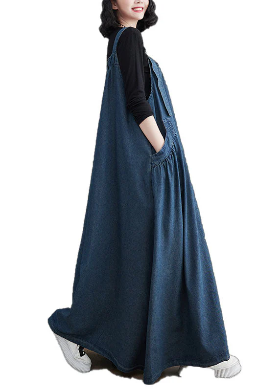 Plus Size Blue Pockets Patchwork Denim Spaghetti Strap Dress Sleeveless - Image 5