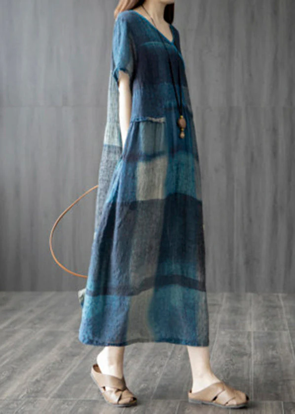 Plus Size Blue Pockets V Neck Plaid Linen Vacation Dresses Short Sleeve - Image 2
