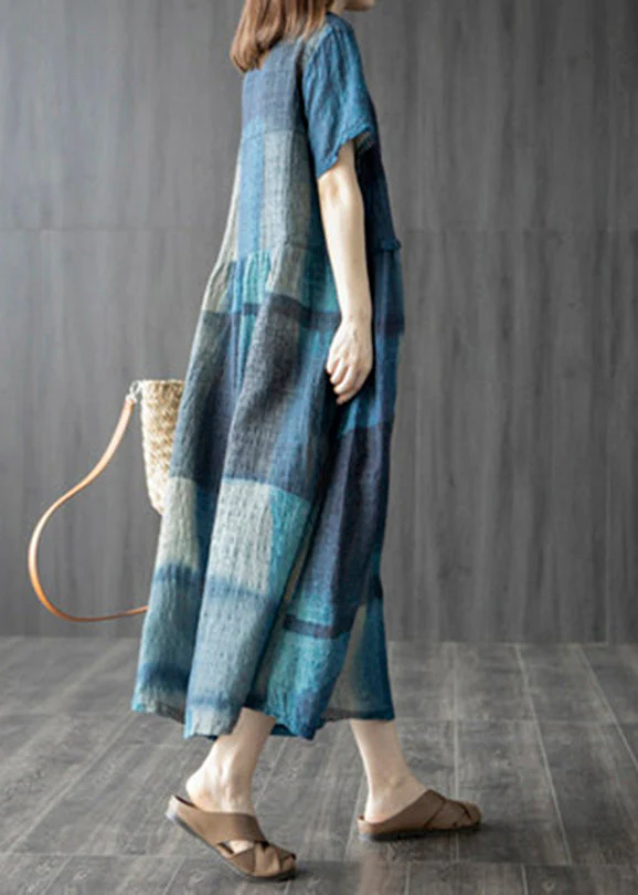 Plus Size Blue Pockets V Neck Plaid Linen Vacation Dresses Short Sleeve - Image 3