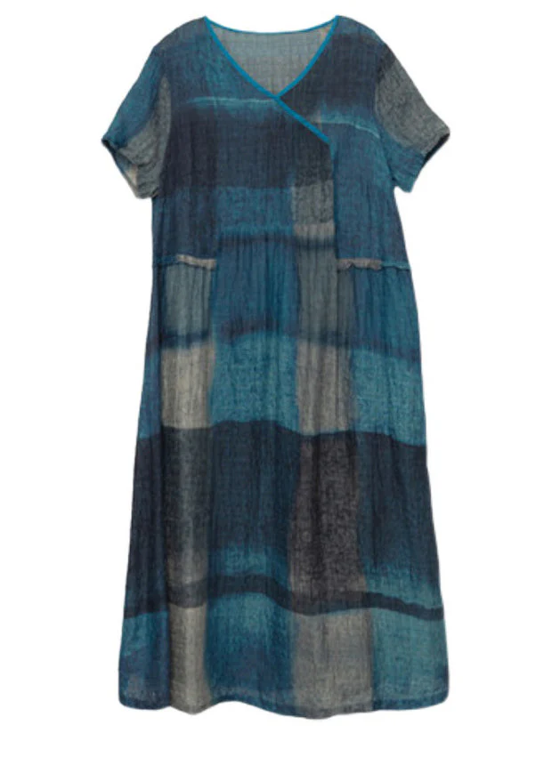Plus Size Blue Pockets V Neck Plaid Linen Vacation Dresses Short Sleeve - Image 4