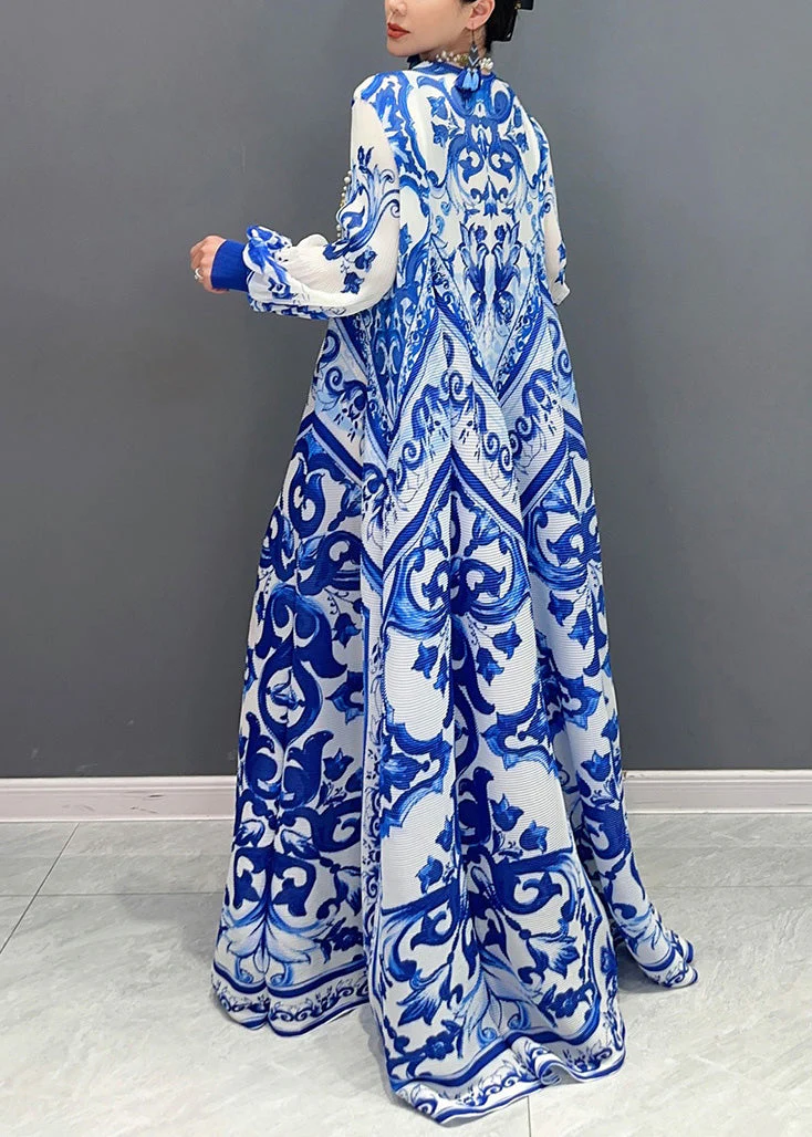 Plus Size Blue Print Exra Large Hem Holiday Dress Lantern Sleeve - Image 3