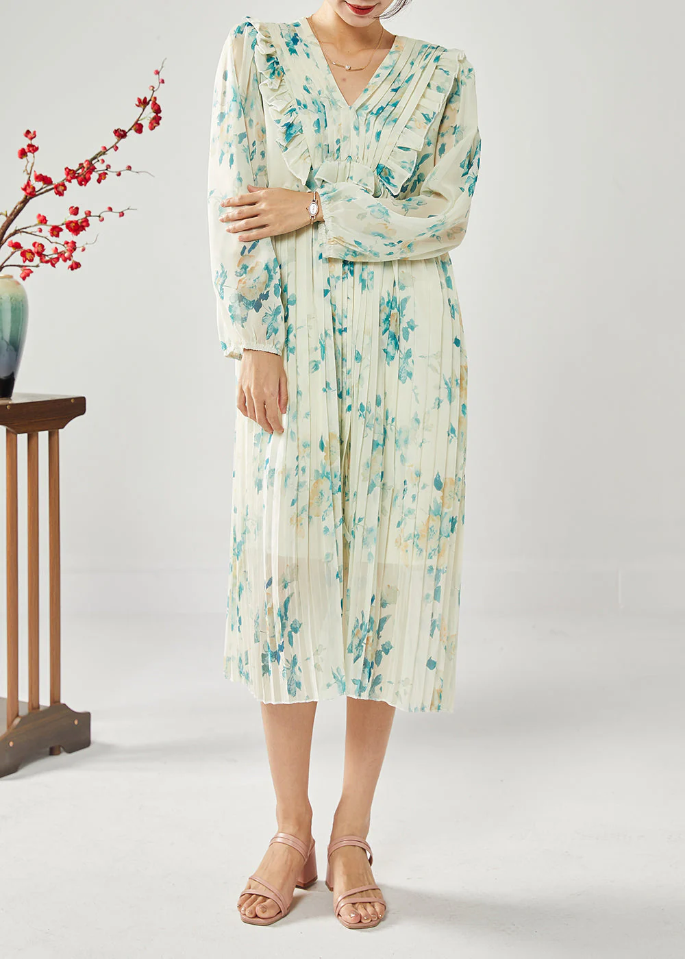 Plus Size Blue Print Patchwork Ruffles Wrinkled Chiffon Long Dress Spring - Image 2