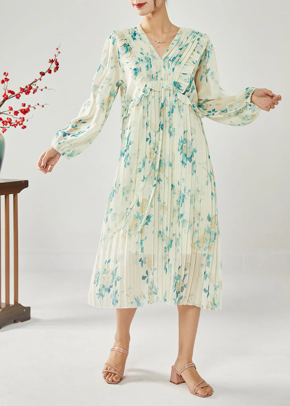 Plus Size Blue Print Patchwork Ruffles Wrinkled Chiffon Long Dress Spring - Image 3