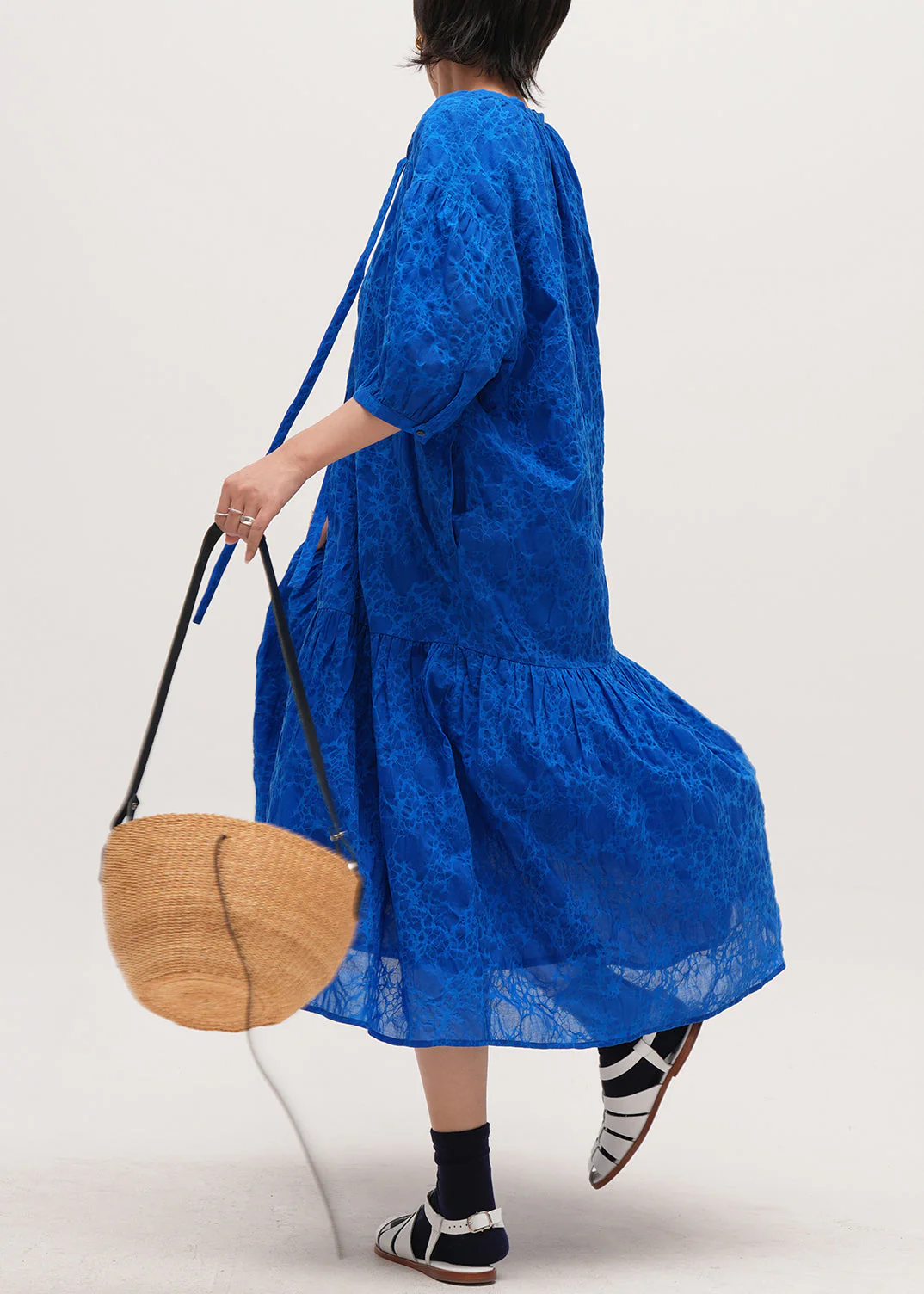 Plus Size Blue Print Pockets Lace Up Cotton Long Dresses Half Sleeve - Image 5