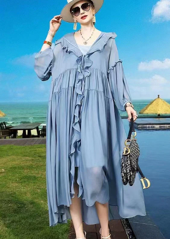 Plus Size Blue Ruffled Asymmetrical Patchwork Silk Vacation Dresses Summer - Image 3