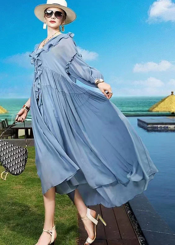 Plus Size Blue Ruffled Asymmetrical Patchwork Silk Vacation Dresses Summer - Image 5