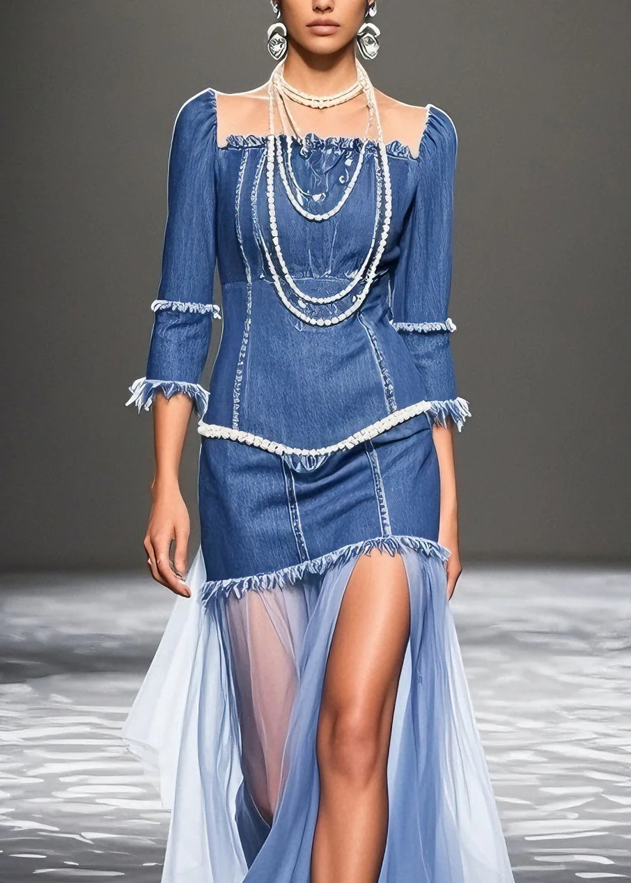 Plus Size Blue Ruffled Patchwork Denim Dresses Summer - Image 2