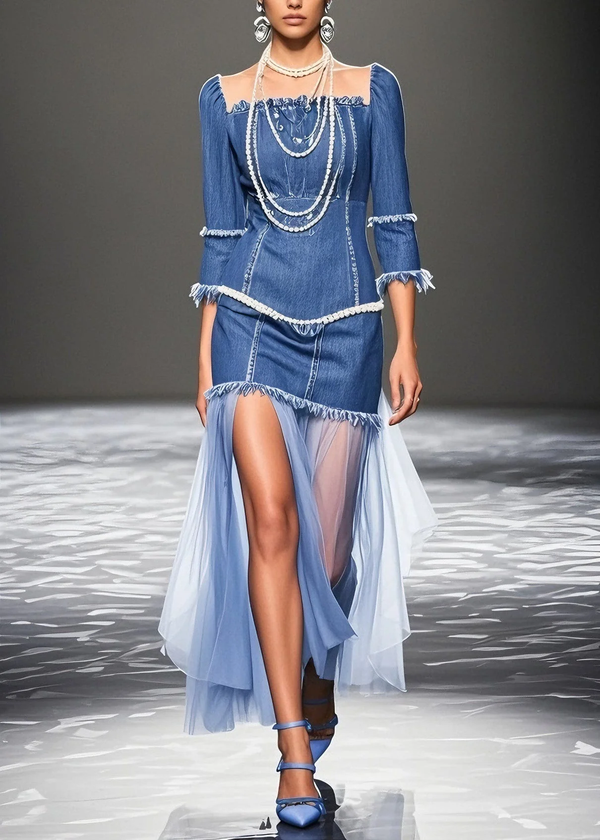 Plus Size Blue Ruffled Patchwork Denim Dresses Summer - Image 3