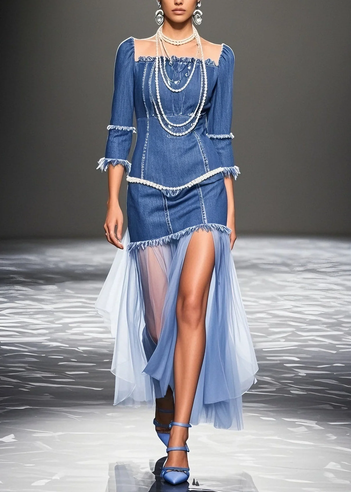 Plus Size Blue Ruffled Patchwork Denim Dresses Summer - Image 5