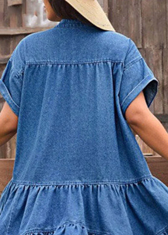 Plus Size Blue Ruffled Patchwork Denim Mid Dress Short Sleeve - Image 4