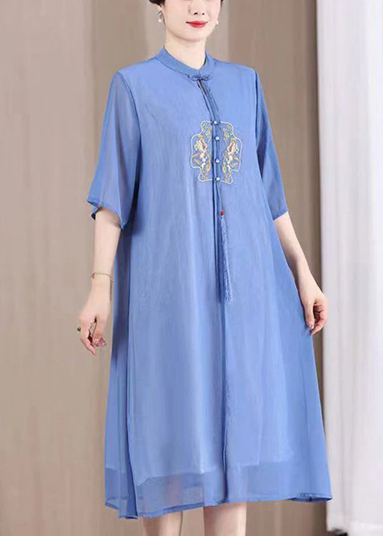 Plus Size Blue Tasseled Button Patchwork Dresses Summer - Image 2